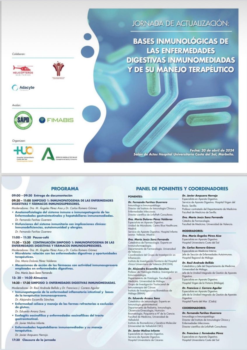 digestivoascs's tweet photo. Este sábado en @ASCostadelSol celebraremos una jornada de actualización sobre las bases inmunológicas de las enfermedades digestivas inmunomediadas con el aval de @sapdes y @fimabis 

⚠️ Con un panel de ponentes y moderadores 🔝 🔝 https://t.co/P6cHNoy8lr