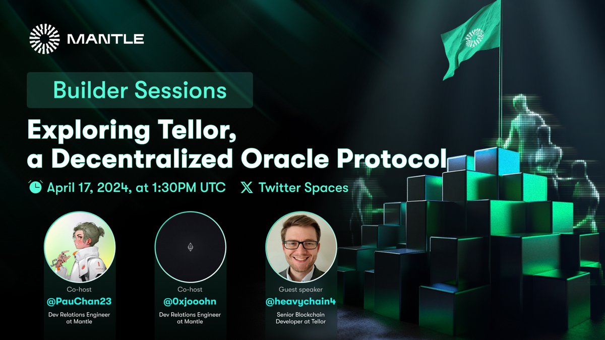 0xMantleDevs's tweet photo. Hey devs, who's ready to explore Tellor? ⚡

Join us for an informative builder session happening April 17, 2024, at 1:30PM UTC as we uncover @WeAreTellor, a decentralized oracle protocol!

Featuring:
💻 @PauChan23 - Dev Relations Engineer at Mantle
💻 @zeroxjohn - Dev Relations Engineer at Mantle
💻@heavychain4 - Senior Blockchain Developer at Tellor

RSVP: https://t.co/8lTnSmSFnA