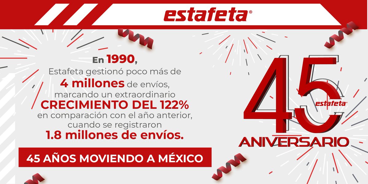 Este importante porcentaje de crecimiento fue impulsado principalmente, por la oferta de servicios para las PyMES como el 'Económico y el Facilito'. Estamos orgullosos de ser parte de la historia de los negocios en México. #45AniversarioEstafeta