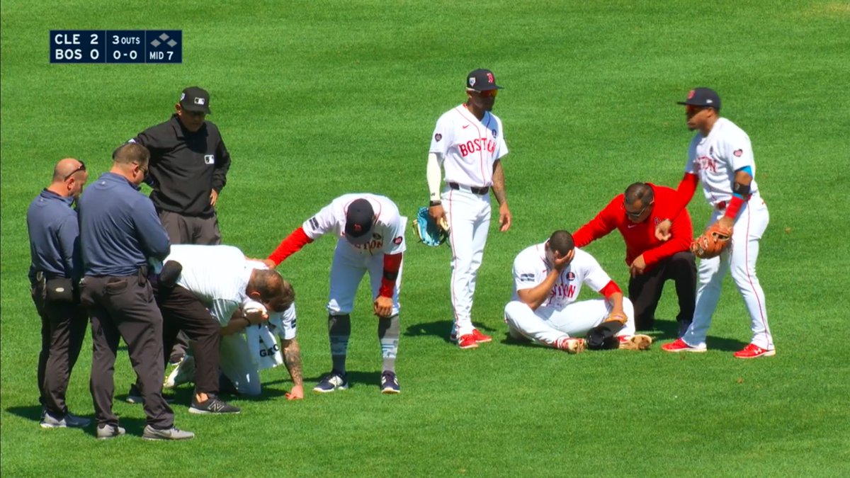 O’Neill has a cut on his forehead and Devers looks shaken up.