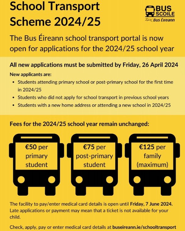 The school transport portal is now open for applications for next school year 2024/25. Deadline is Friday 26th April 2024. See details in image. Link for portal is: schooltransport.buseireann.ie/Account/Login @lecheiletrust1 @stlouisnetwork #stlouiscmx #lecheile 💚