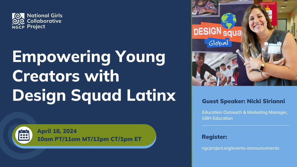 This Thursday! Join us to learn about Design Squad Latinx (DSL), an exciting bilingual initiative that engages kids ages 10–13 in the engineering design process. Featuring Nicki Sirianni (Education Outreach & Marketing Manager for GBH Education). bit.ly/3IYIWqb