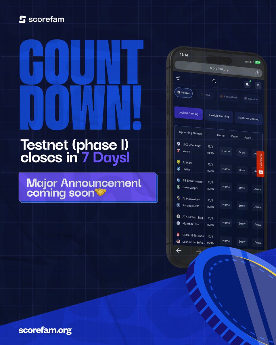 Scorefam Testnet closes its doors in 7 days⏰ But that's just the beginning! Stay tuned for a game-changing announcement as we gear up for the NEXT PHASE! Get ready, keep stacking up your points to be part of something extraordinary! 🏆 #Gamblefi #Testnet