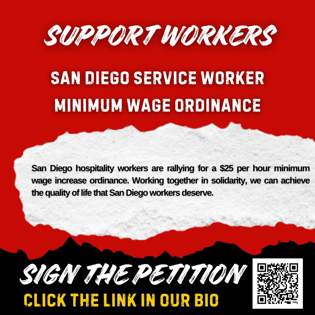 The San Diego Labor Council and workers' unions @UNITEHERE30 , @seiuusww , and @iatse122 will be rallying on May Day to push the San Diego Service Worker Minimum Wage Ordinance! Put it on your calendar and sign the petition. #MayDay