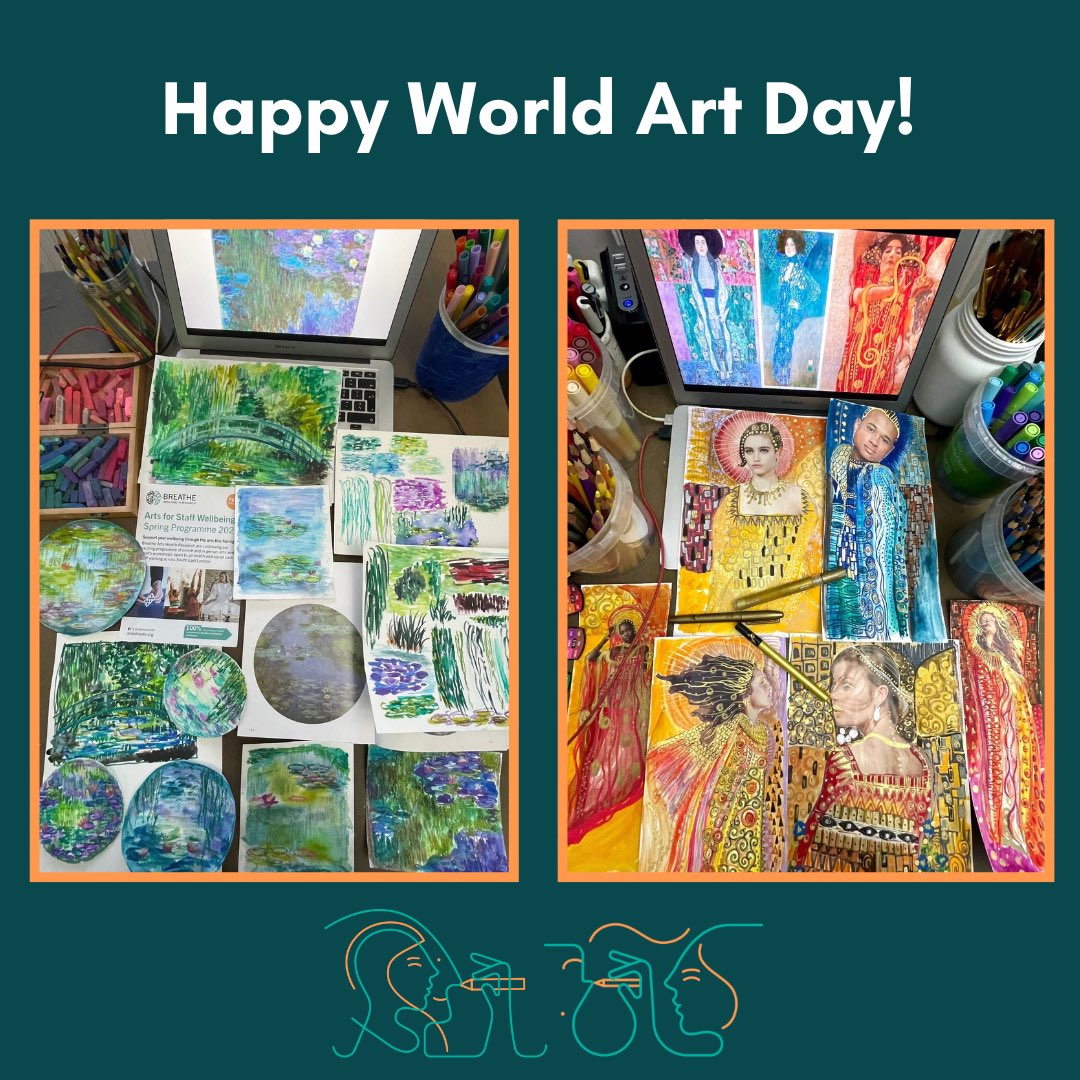 Today is #worldartday! We are proud to work with amazing artists who deliver art wellbeing workshops and sessions for our hardworking NHS staff. See the fabulous artwork from talented Breathe Artist @liz_atkin who leads our regular Online Drawing for Unwinding ICS sessions. 🎨✨