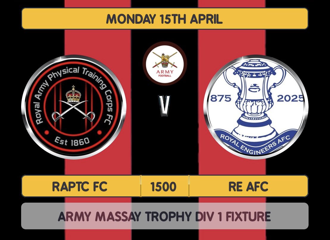 ⚔️ | Monday Afternoon Football RAPTC FC 🆚 RE FC 📍 | Aldershot Military Stadium @ArmySportASCB @Armyfa1888 @RAPTC_Official @RAPTC_Corps_SM
