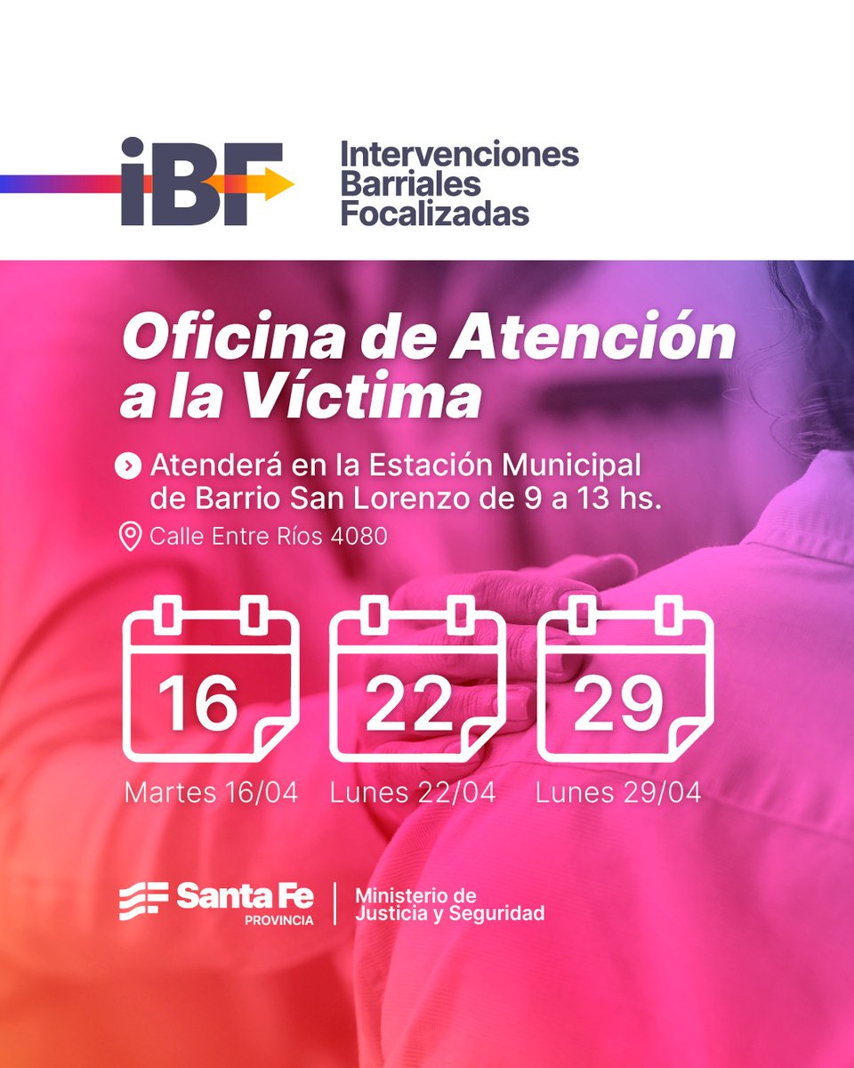 🗓️📍Si fuiste víctima de algún delito o hecho de violencia estamos para asesorarte y acompañarte En el marco del IBF, la Oficina de Atención a la Víctima estará en barrio San Lorenzo de #SantaFe

#SantaFePuede