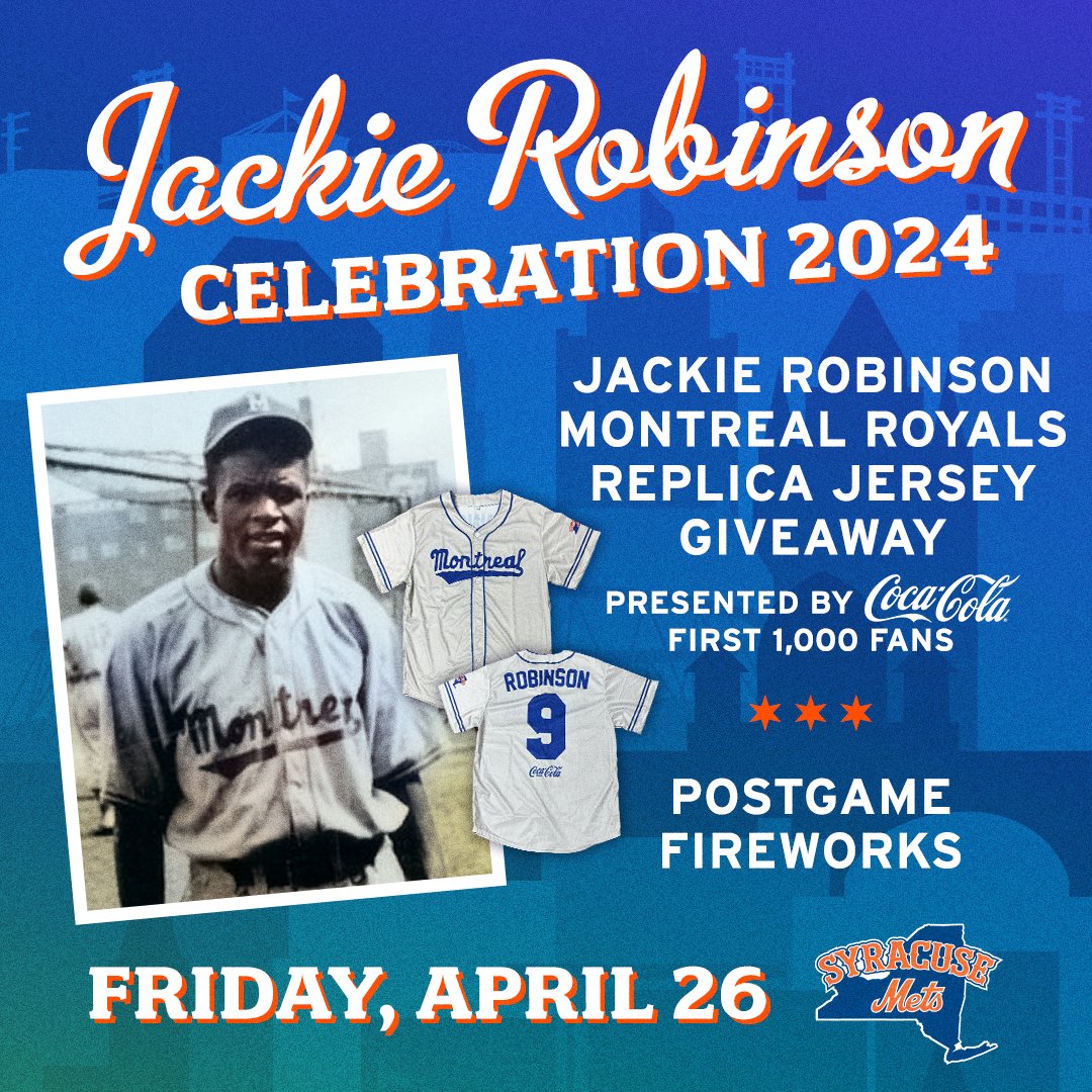 April 15 marks Jackie Robinson’s historic MLB debut; we join Baseball in commemorating Jackie Robinson Day. On Friday, April 26, we'll celebrate Jackie Robinson with a replica jersey giveaway courtesy @CokeNortheast, representing the one he wore when he played here in Syracuse!