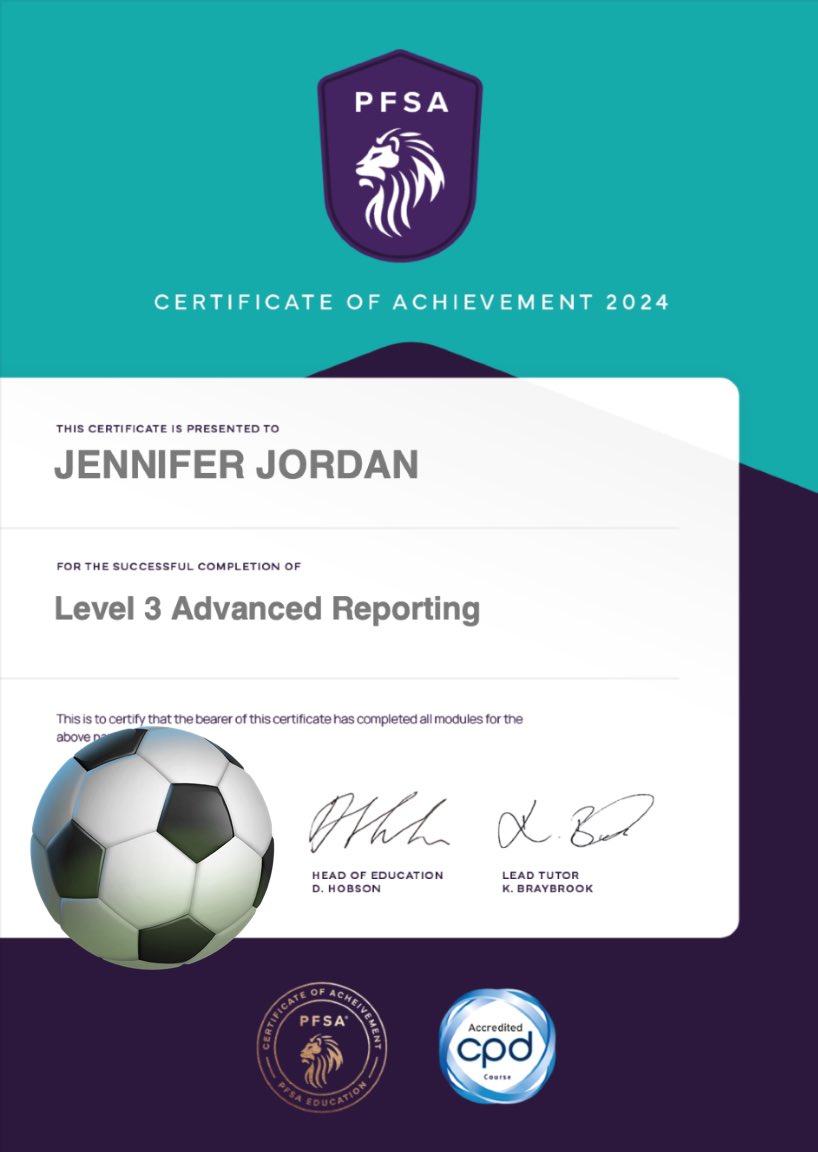 Another course with @ThePFSA completed. This time, Level 3 Advanced Reporting. Thoroughly enjoyed & very insightful for my own reporting

#performanceanalysis #scouting #womensfootball