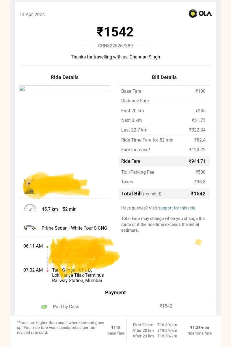 ChandanSingh44's tweet photo. Dear @Olacabs @ola_supports I would like to bring to your notice that if the rate at the time of booking the cab was 944, then why it became 1542 at the time of dropping, without any information Whereas I had not even booked the rental. https://t.co/7ZK4nviCYn