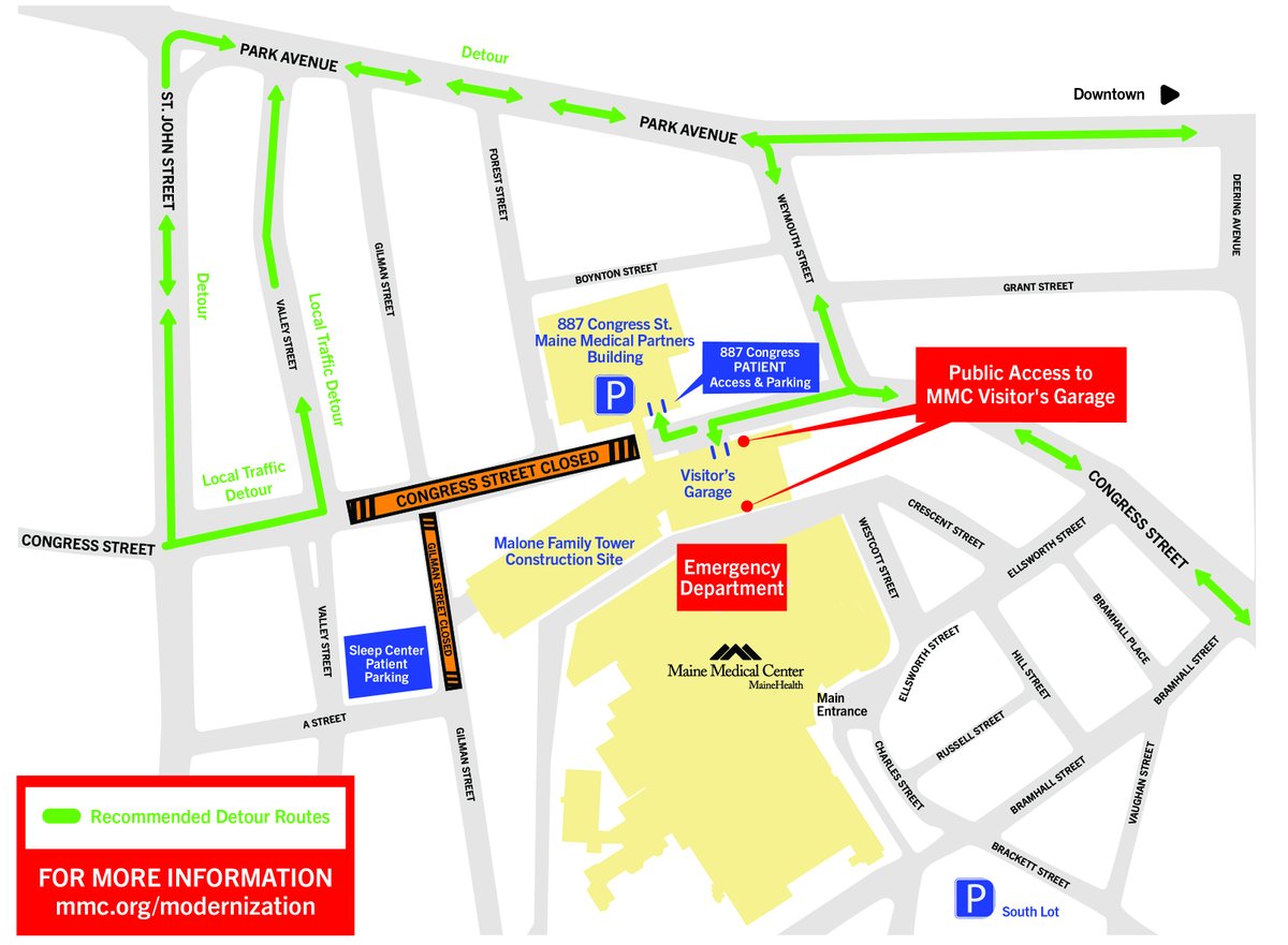 Congress Street will be CLOSED for repaving between St. John and Weymouth streets April 22- 26, 24 hours a day. Patients and visitors will continue to have access to the Congress Street entrances of the garage at 887 Congress St. and the MMC Patient and Visitor Garage.