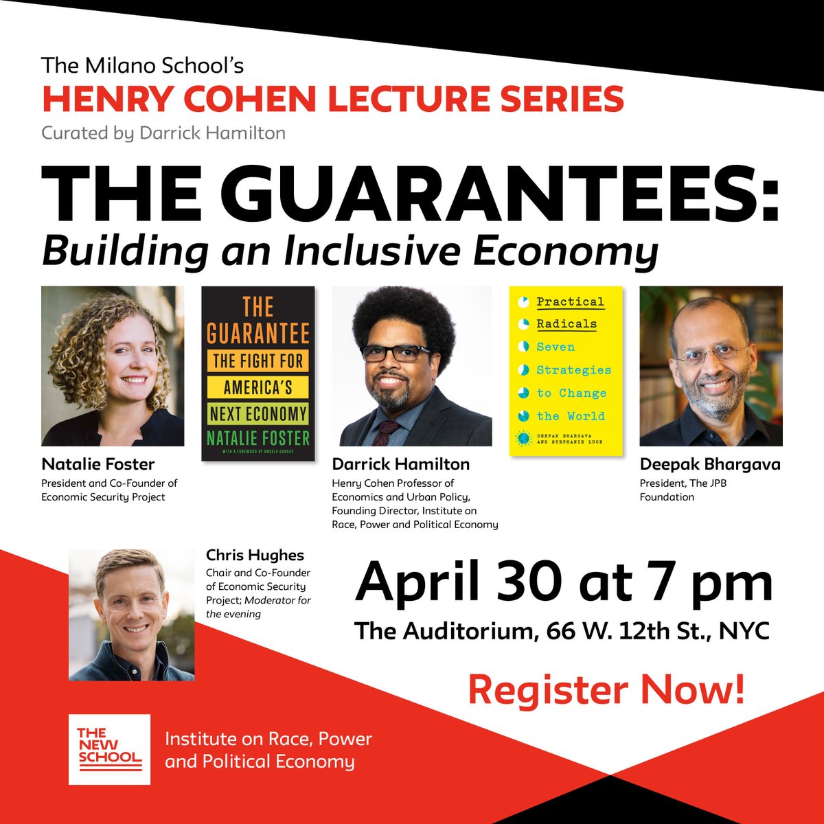 How can we create economic systems that are fair, just, and affirmatively inclusive? Join us April 30 @TheNewSchool as we explore strategies for building an inclusive economy with @nataliefoster, @chrishughes, @DarrickHamilton, and @dbhargava68. RSVP: bit.ly/theguarantees