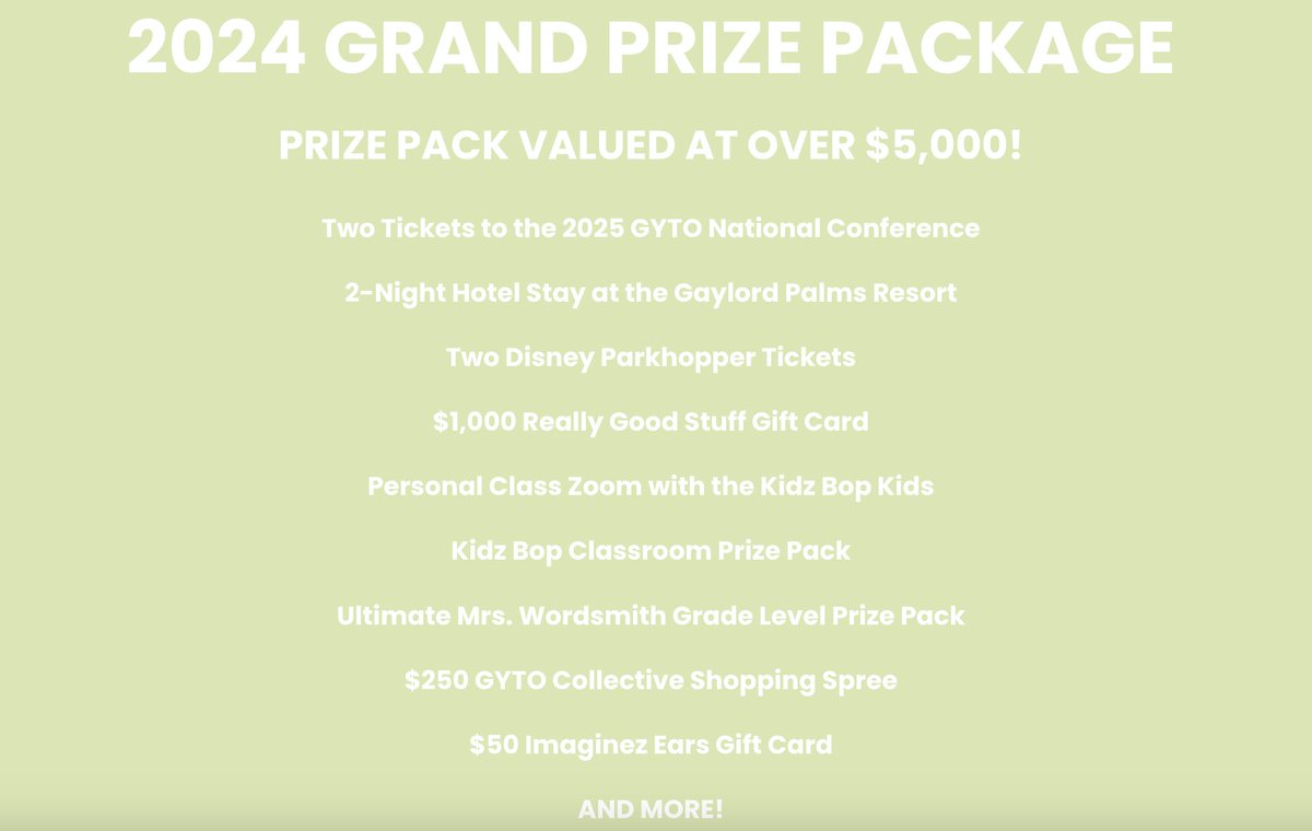 Teachers: Deadline = May 3, 2024. Nominate a teacher to win a prize pack worth > $5,000 from GYTO. Prize pack includes 2 tickets to 2025 GYTO National Conference, 2 night hotel stay, 2 Disney Parkhopper Tickets, $1000 Really Good Stuff gift card, & more!
getyourteachon.com/goldstar
