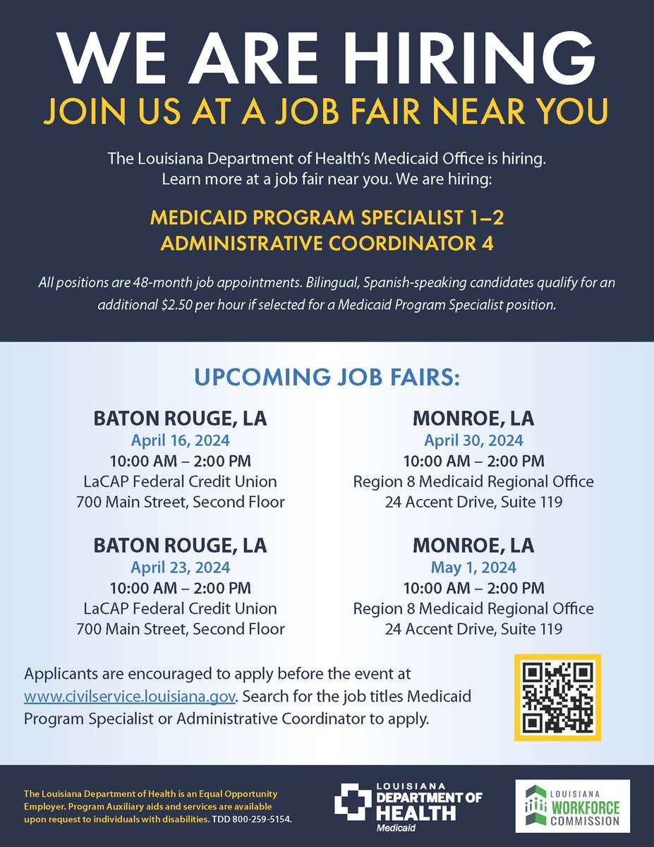Interested in working with the @LADeptHealth Medicaid Office? Visit an upcoming job fair in Baton Rouge or Monroe. Apply for positions beforehand: buff.ly/49xvyUR. #ChooseLouisianaJobs #EveryDayForEveryCitizen #lagov