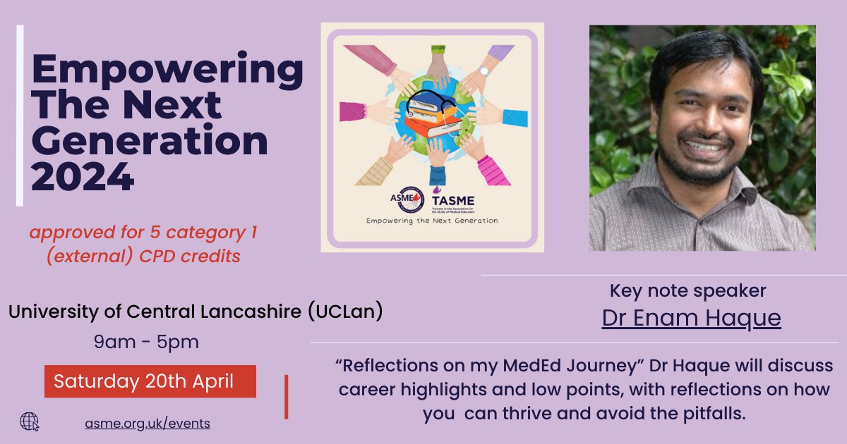 📢Meet our first Keynote speaker Dr Enam Haque. His passion for EDI, health inequalities &amp; WP inspired our conference theme!  👉sign up now_refer a friend and you could win a free ASME textbook  : ow.ly/Mmh250RgkIG

#Meded @tasme_UK <a href="/enamhaque31/">Enam Haque</a> <a href="/gabs_finn/">Prof. Gabrielle Finn</a> @megan_EL_Brown