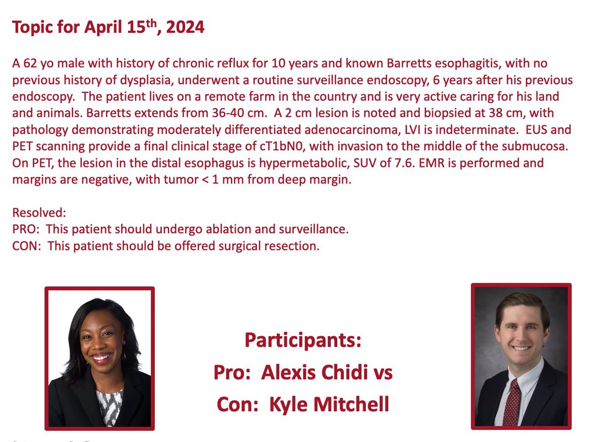 Join us, 630 CT tonight for our @MDAndersonNews-@UTHealthHouston Debate-Style Journal Club. Our 2 graduating thoracic-track fellows battle it out over early stage esophageal cancer, guest moderator Dr Rajaram. All are welcome, CME offered! @TSRA_official mdacc.zoom.us/webinar/regist…