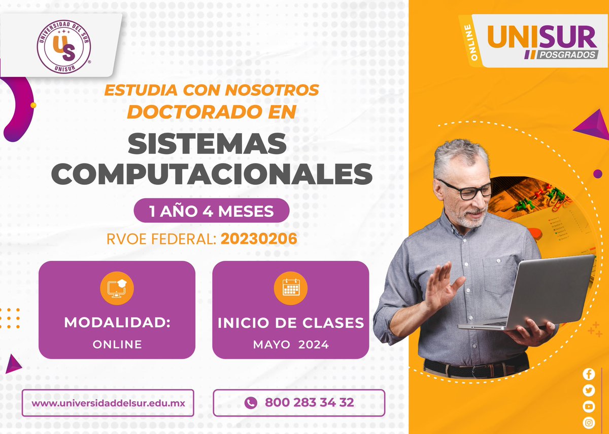 ¡Forma parte de la comunidad US! ✨
El Doctorado en Sistemas Computacionales es un programa de posgrado diseñado para formar investigadores y profesionales altamente capacitados en el campo de la informática y la computación.✨

#Doctorado #Posgrados #Unisur