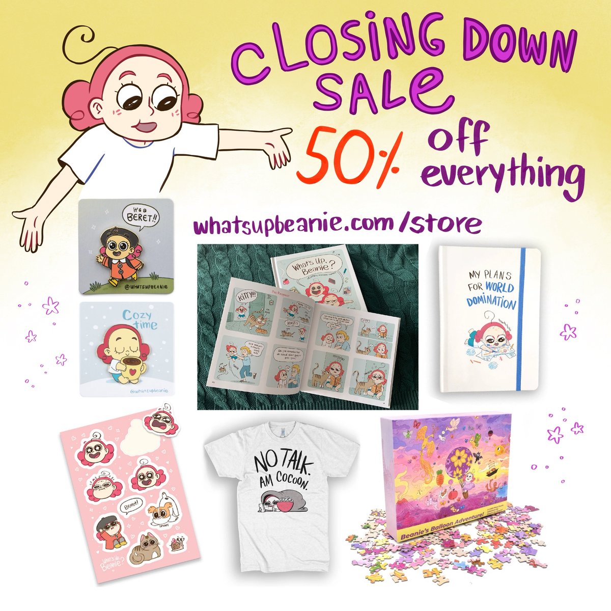 Hello!! I’m having a big sale in my store to clear out stock! I’m temporarily putting a pause on merch to focus on other things so this might be your last chance to get one of these items ❤️ whatsupbeanie.com/store