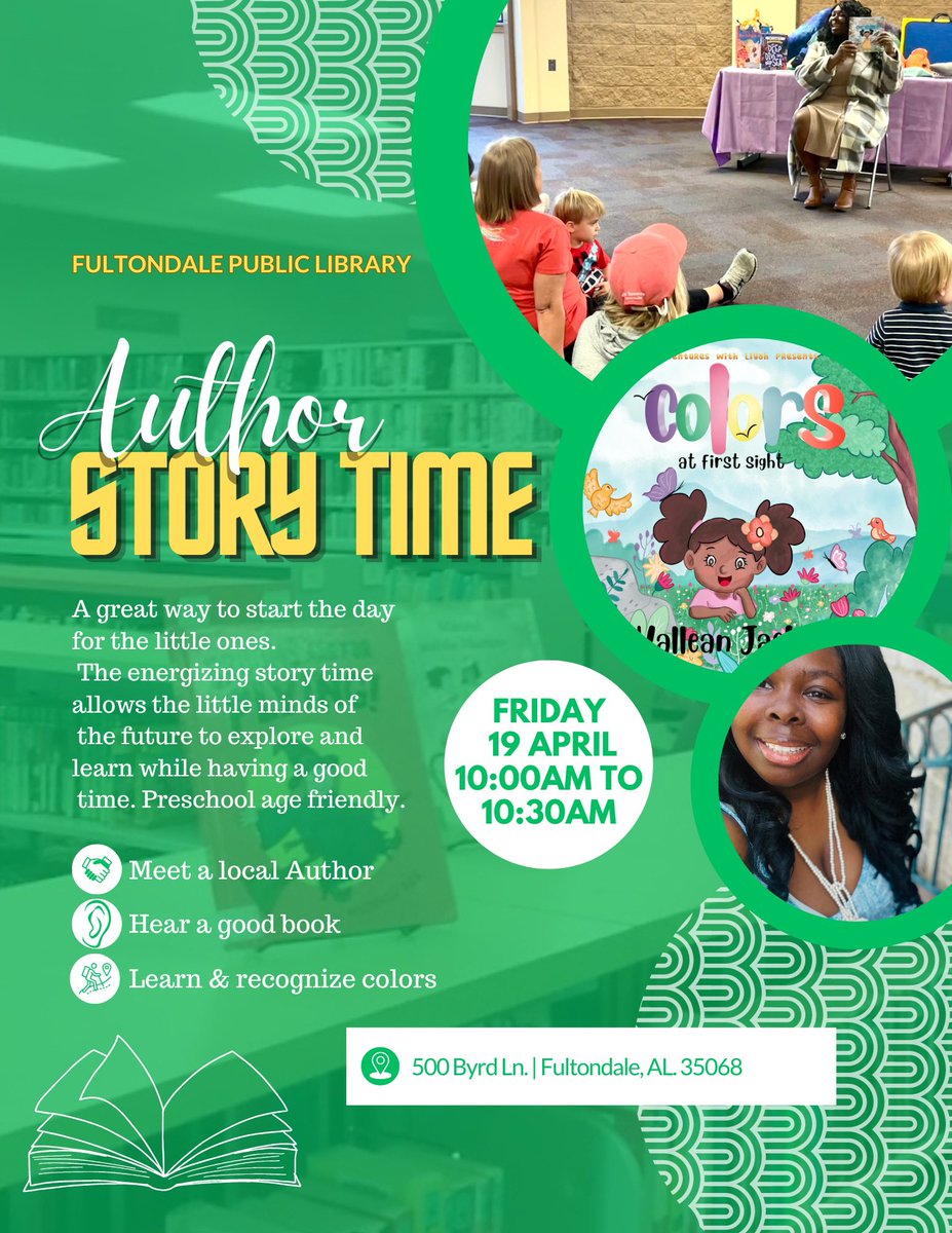 FRIDAY❗️

I will be reading my first children’s book “Colors At First Sight” that is the first book created within the “Adventures With Liyah” series!

Free event! 
Come & discover the many colors all around us! 

Friday | April 19th 💚

#kidsactivities #storytime #library