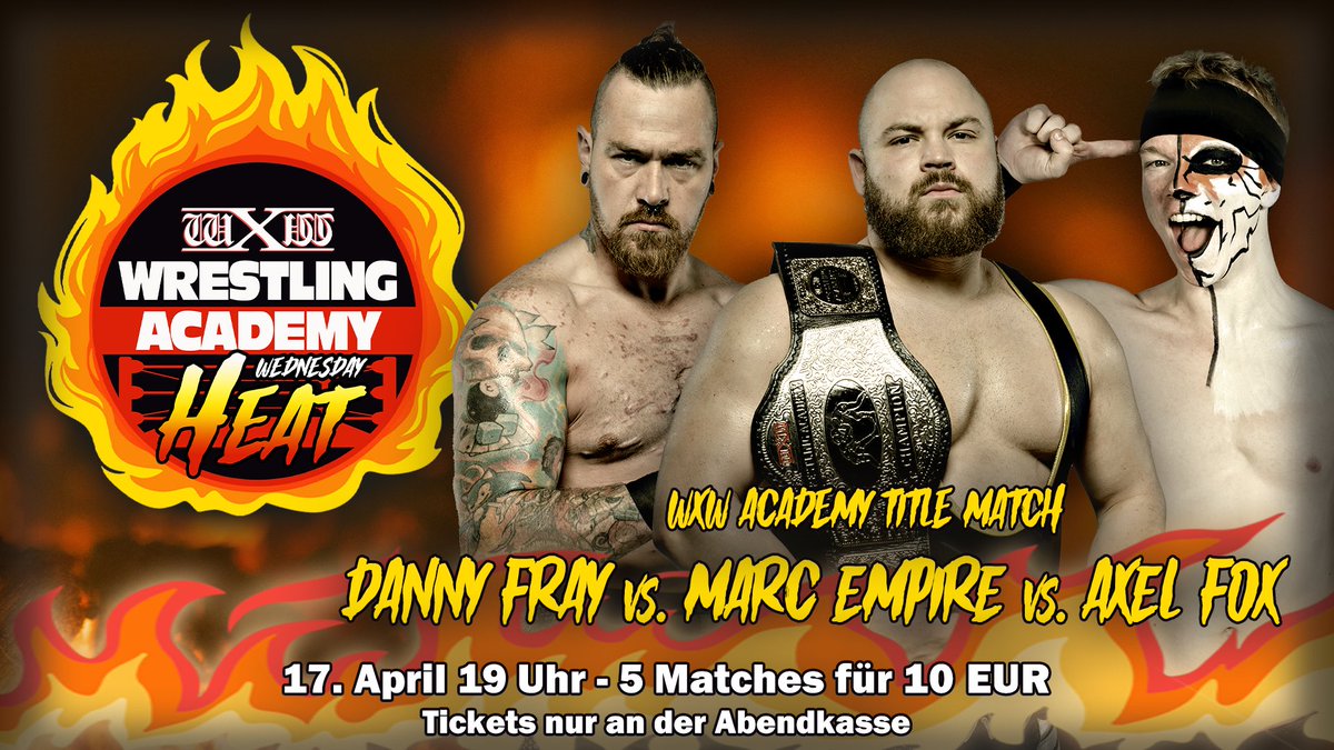 Nach einer kurzen Pause kehrt HEAT in der wXw Wrestling Academy zurück. Der neue wXw Wrestling Academy Champion Marc Empire wird seinen Titel zum 1. Mal verteidigen. Seine Gegner: @danny_fray_pw & Axel Fox. Sei live dabei! Los geht's um 19 Uhr. Tickets: 10 EUR an der Abendkasse.