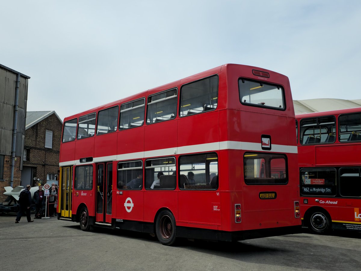 Looking fantastic in London Transport livery is preserved Volvo Ailsa / Alexander RV, V1 - A101 SUU seen yesterday at the @londonbusmuseum Spring Gathering at @BrooklandsMuseu having just arrived back from a circular trip around Weybridge. 
@Pinkautiegirl