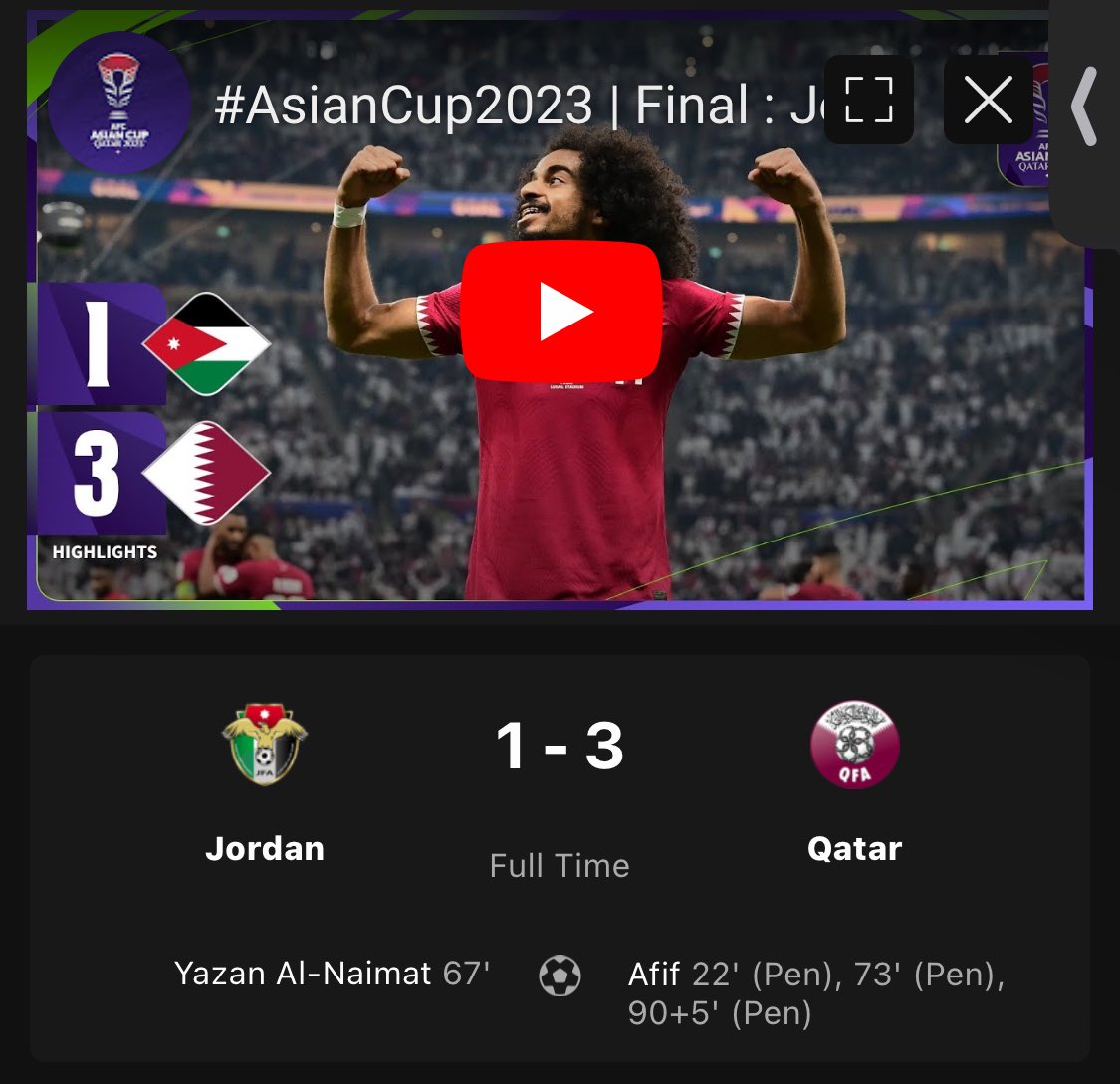 Menolak lupa Final Piala Asia terajaib sepanjang masa, cetak hattrick lewat penalti semua. 🤣🤣

Qatar doang yang bisa 🤭
