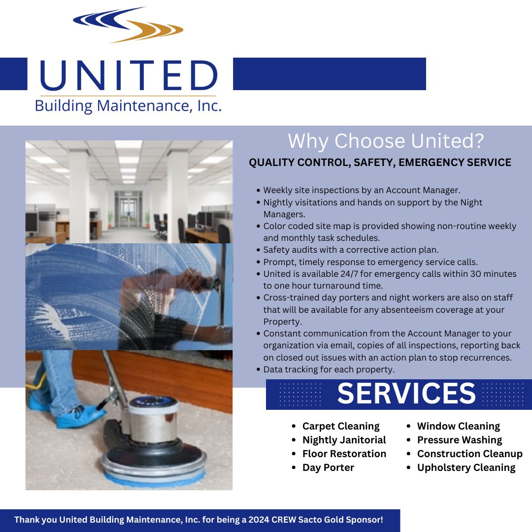 Thank you to United Building Maintenance, Inc. for being a 2024 CREW Sacramento
Gold Sponsor! To learn more about United Building Maintenance, Inc. and the services they provide, please visit their website --->buff.ly/49xvRPv #CREWSacto #AnnualSponsor