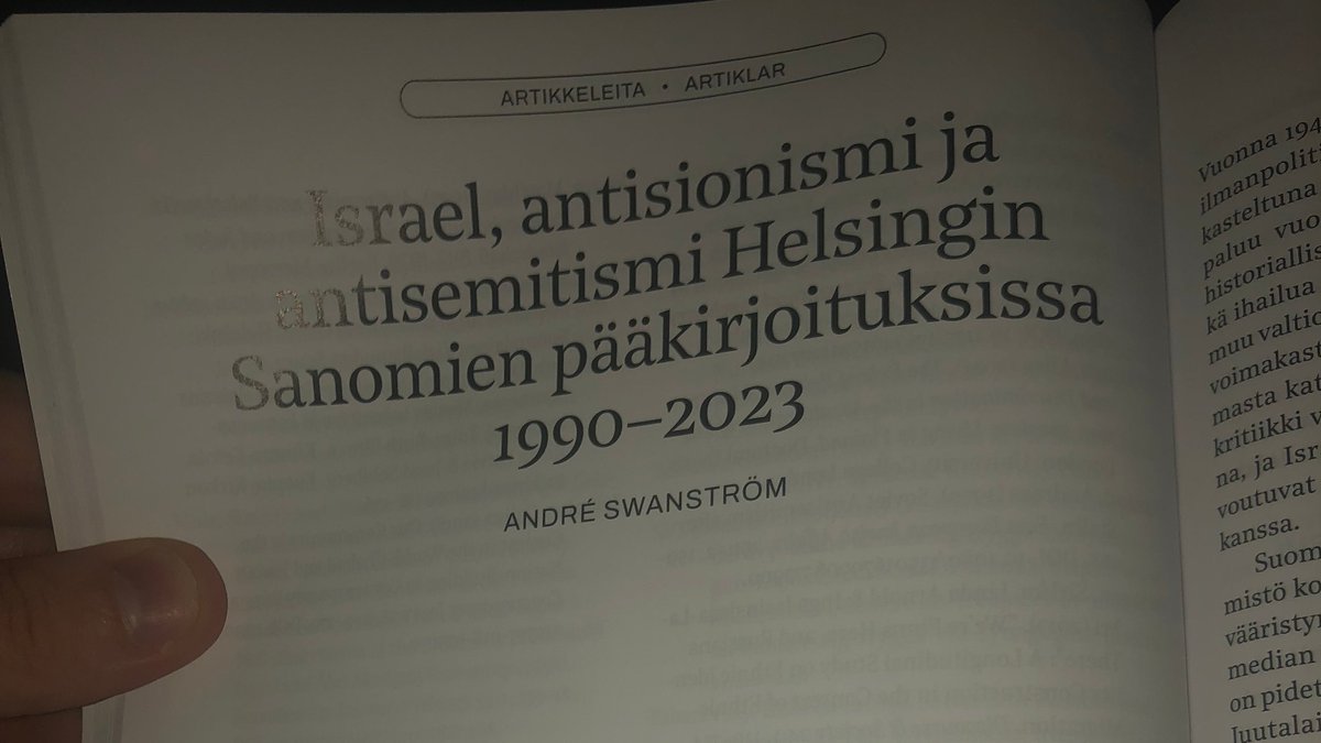 TT André Swanströmin tuore tutkimus HS:n Israelia koskevista pääkirjoituksista 1990-2023 osoittaa että noin 14%:ssa niistä täyttyi selkeästi antisemitismin tunnusmerkit. Ptm Janne Virkkusen kaudella 1991-2010 antisemitismi ilmeni Israeliin liittyvien stereotypioiden muodossa.
