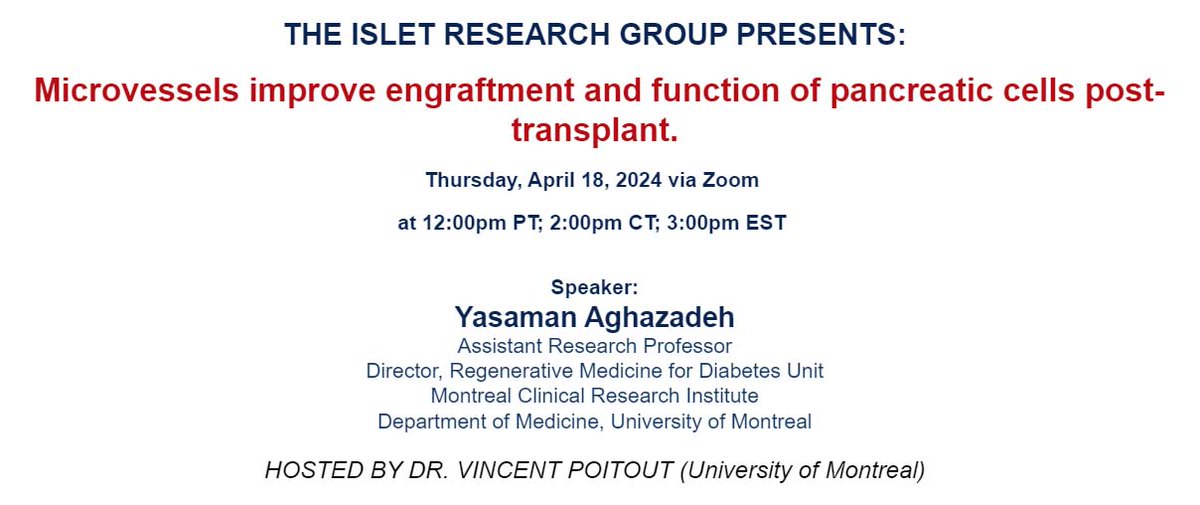 Small but mighty - microvessels improve transplanted islet function. This Thursday 4/18 @Yassi_ag, zoom link shared to email list, DM to join.