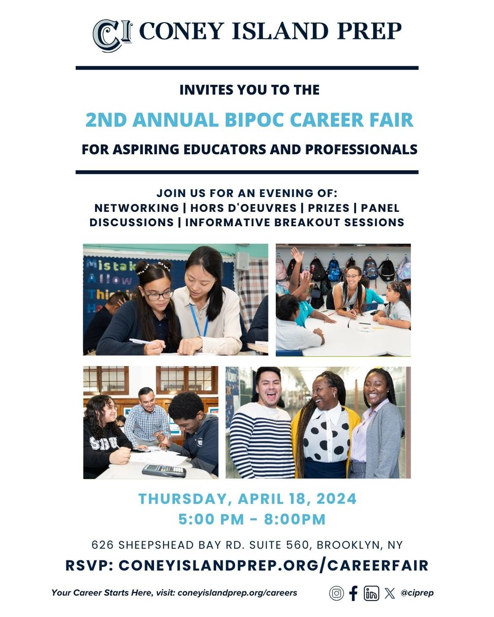 Join us this Thursday, April 18th, for Coney Island Prep's 2nd Annual Career Fair! 📚💼 Spots are limited—connect with top pros in instructional & non-instructional roles. Enjoy panels, breakout sessions, networking, & prizes. RSVP now at buff.ly/3x27Qm2