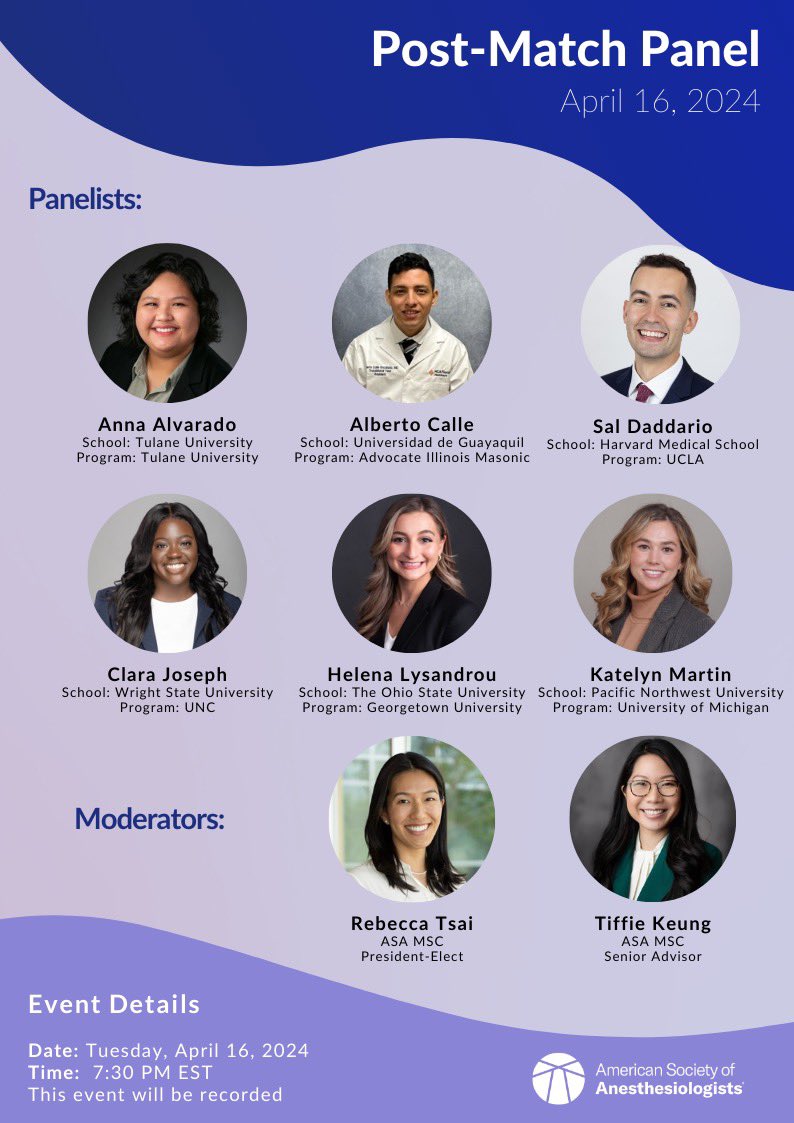 Another plug for this @ASALifeline event! ✨ The ASA Medical Student Component invites you to our 2024 Post Match Panel! We have a line up of wonderful panelists who offer a wide mix of experiences. Register here!: ow.ly/MsxW50Ralnc #ASA #anesthesiology #MatchDay