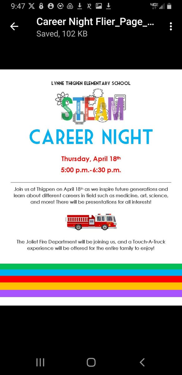 Please join us this Thursday, April 18th from 5:00pm -6:30pm for our STEAM Career/Touch A Truck  Family Engagement Night. Students can dress as their future career and meet 15 different professionals. The Fire Department will also have an engine on property. Don't miss the fun!