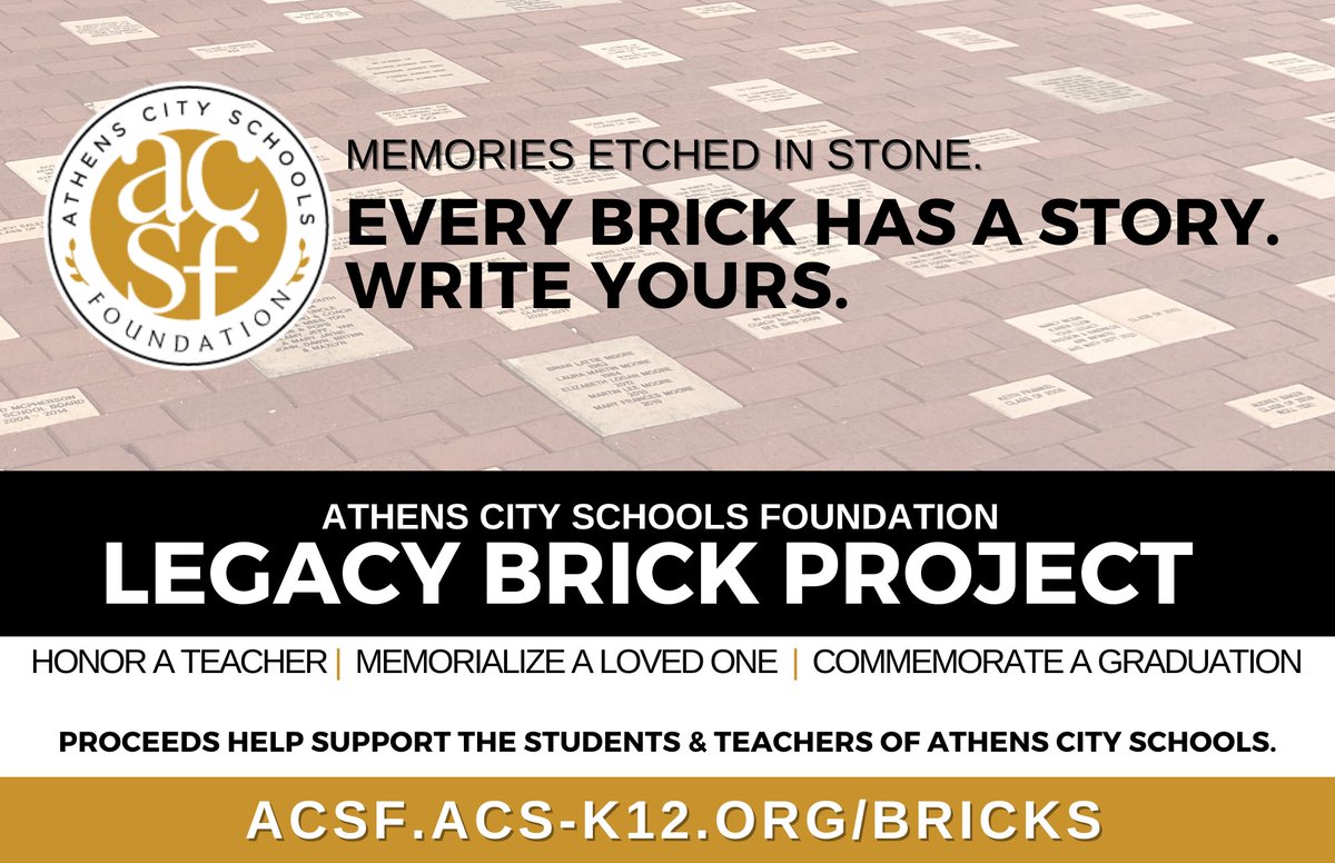 foundation_acs's tweet photo. MEMORIES ETCHED IN STONE Special commemorative bricks from the ACSF Legacy Brick Project make perfect gifts to celebrate a graduation, a teacher, retirement, &amp; more. Bricks are placed on the @AHS_Alabama  campus. Prices start at just $50. Order online at https://t.co/n2afCSdcGD. https://t.co/7E68K4fteX