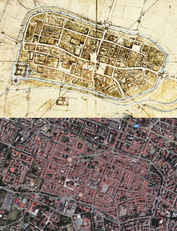 8. Leonardo also produced extremely precise maps like this one—deemed the 'most accurate of its time'—through meticulous manual measurements of every building's angles and distances in the city. Comparison: da Vinci's map of Imola and the Google Earth photo of the same city.