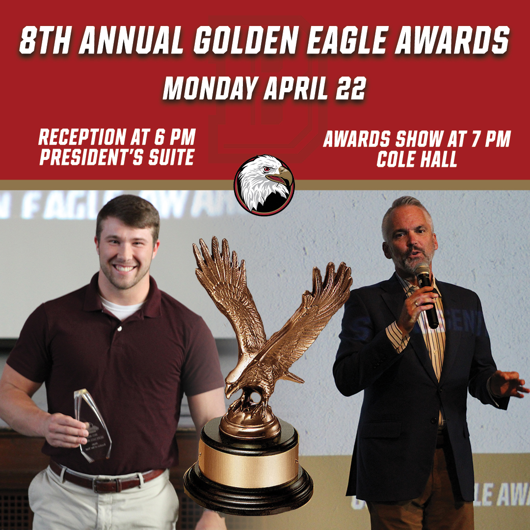 Mark Your Calendars 🗓️ The Eighth Annual Golden Eagle Awards show is set for Monday April 22 in Cole Hall at 7 p.m. with a reception taking place at 6 p.m. in the President's Suite. For full details head to the link below🔽 #BleedCrimson #GoForGold 🔗 tinyurl.com/2bg349ys