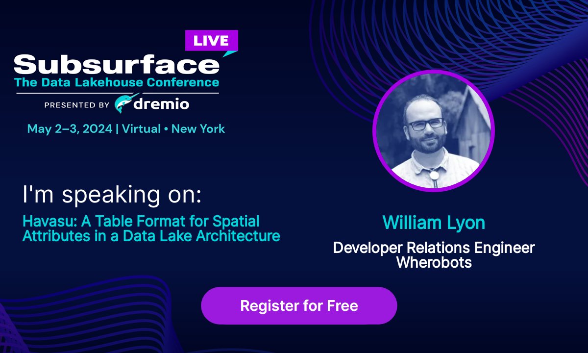 lyonwj's tweet photo. Looking forward to sharing how @Wherobots is innovating by using #ApacheIceberg for the geospatial data lakehouse w/ other cloud-native spatial technologies like #GeoParquet and #ApacheSedona at @dremio's #SubsurfaceLIVE 2024 on May 2-3
Join me here: https://t.co/DZvBg8E20V https://t.co/kS7tLfrqmY