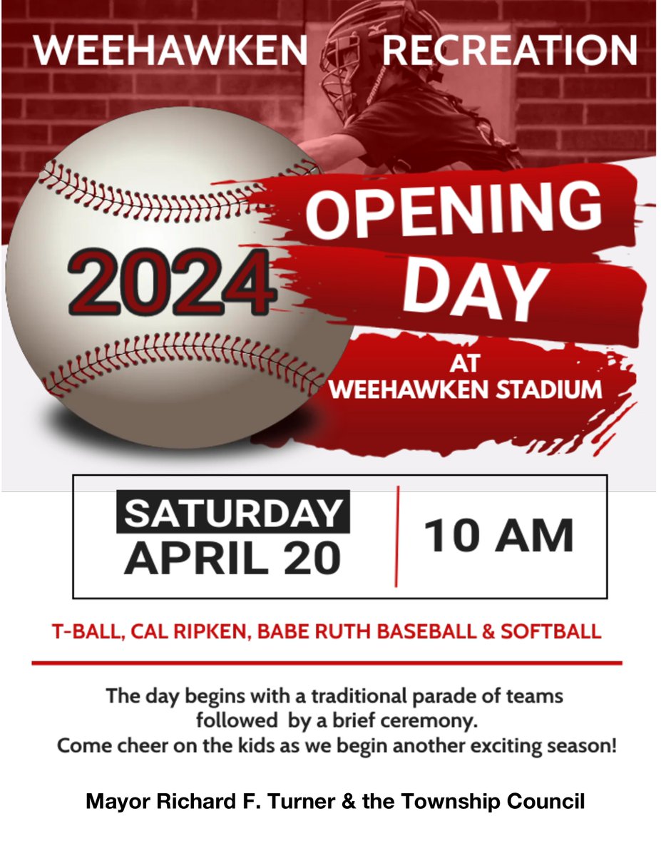 Get ready to play ball this Saturday at 10 am as Weehawken Recreation hosts Opening Day at Weehawken Stadium! ⚾🥎