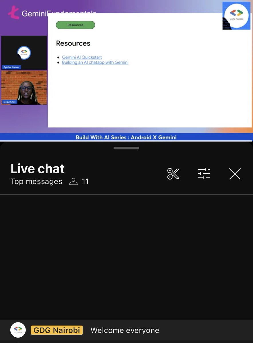 We are live on YouTube with Jaqueline Gitau. Join us on YouTube : youtube.com/live/z17tpLG3J… Learn more about Android and #Gemini #BuildWithAI