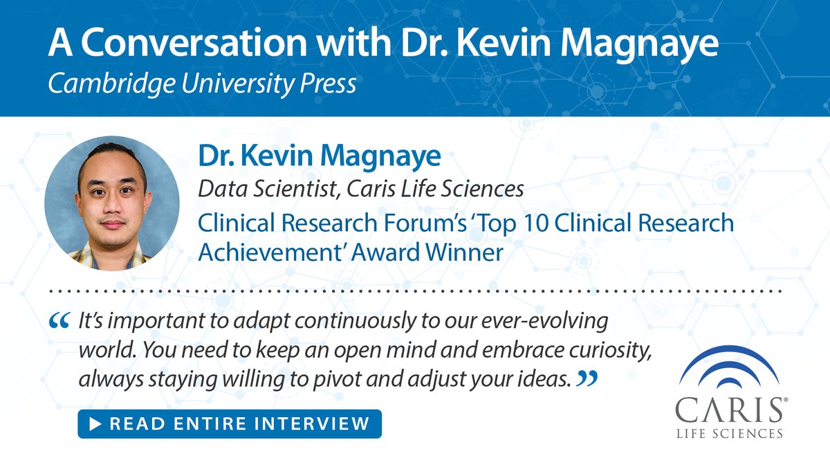 We’re excited to share Dr. Kevin Magnaye, Caris Life Sciences #data scientist and a Clinical Research Achievement Award recipient, recently discussed his #research and career insights with the Journal of Clinical and Translational Science. Read more: ow.ly/7QeZ50R6O0B