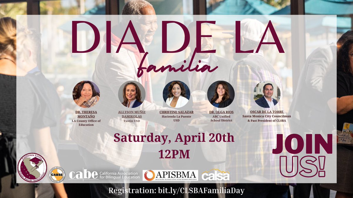 Trustees, Superintendents and Administrators, have you registered for our event happening this Saturday?! Bring the family or a special guest to enjoy a complimentary lunch and beverages with @clsba, @CALSAfamilia, @CABSE_, @CABEBEBILINGUAL and @APISBMA!🥳 bit.ly/CLSBAFamiliaDay