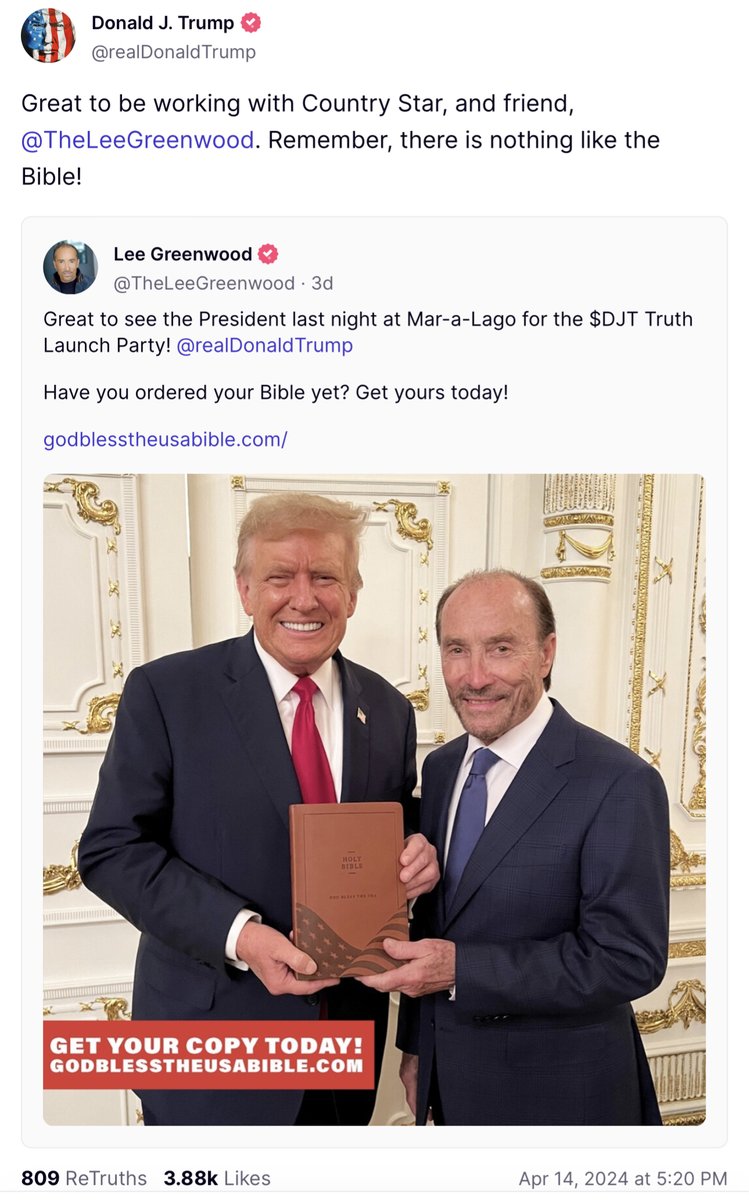 Trump continues to promote his endorsed “God Bless the USA Bible.”