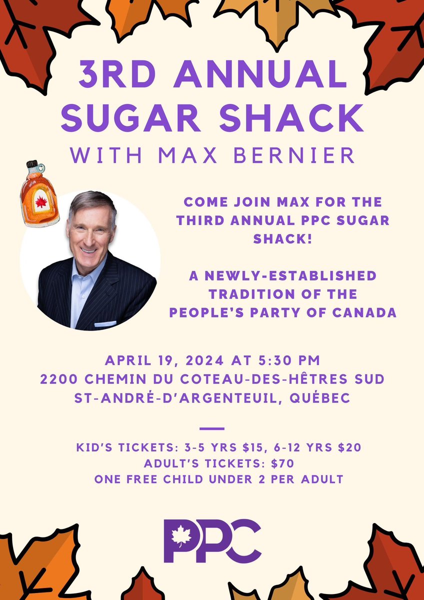 Come meet us at the sugar shack this coming Friday April 19! (The cost of the ticket includes a donation to your PPC association.) Register👇 thepeoplespartyofcanada.ca/event/3rd-annu…