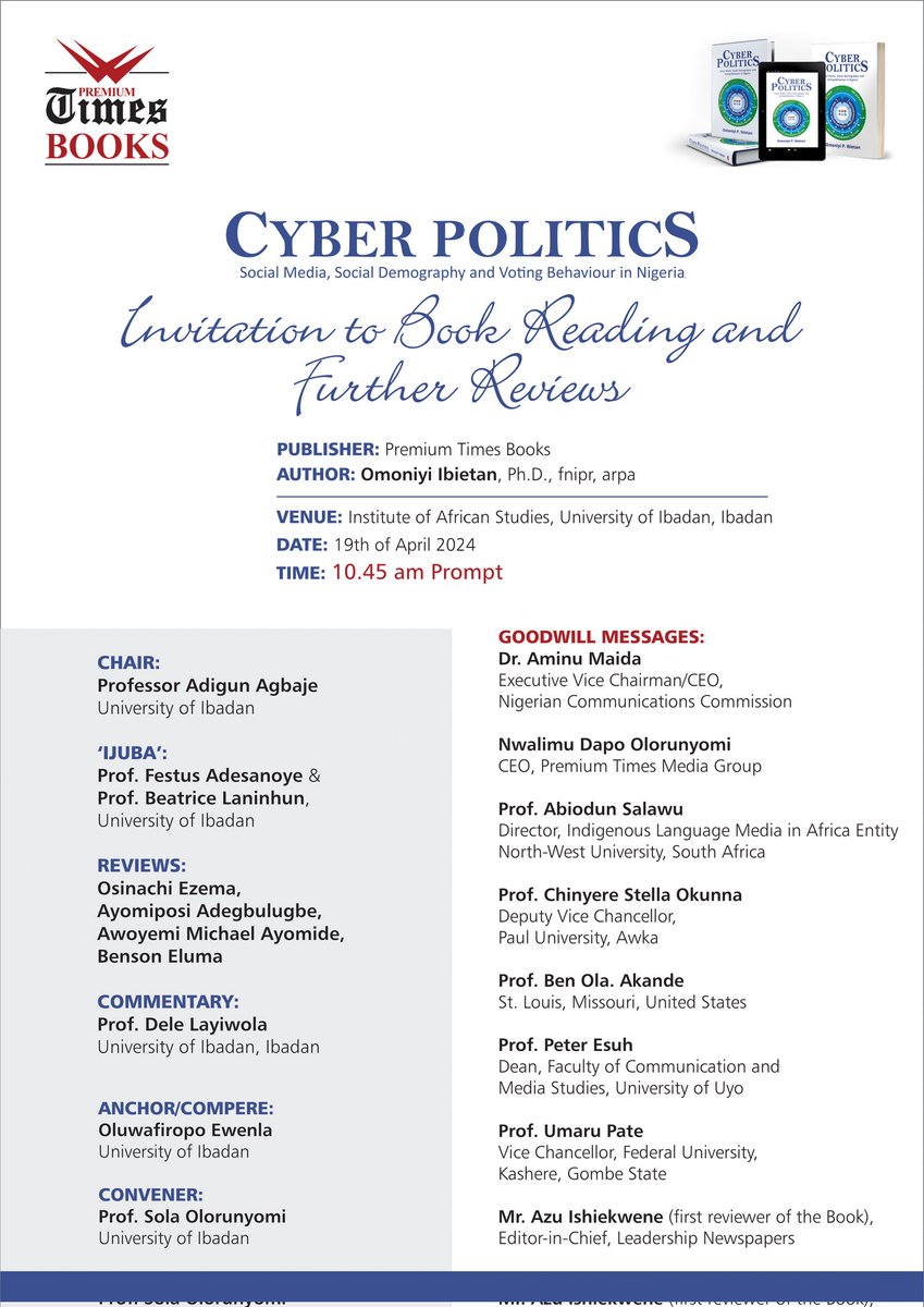 Special Book Reading &amp; Further Reviews @ the Institute of African Studies,
University of Ibadan
Time: Apr 19, 2024, 10:30 AM West Central Africa

Join Zoom Meeting
zoom.us/j/96645179862?…

Meeting ID: 966 4517 9862
Passcode: 737949

Please join the conversation. 

Thank you.