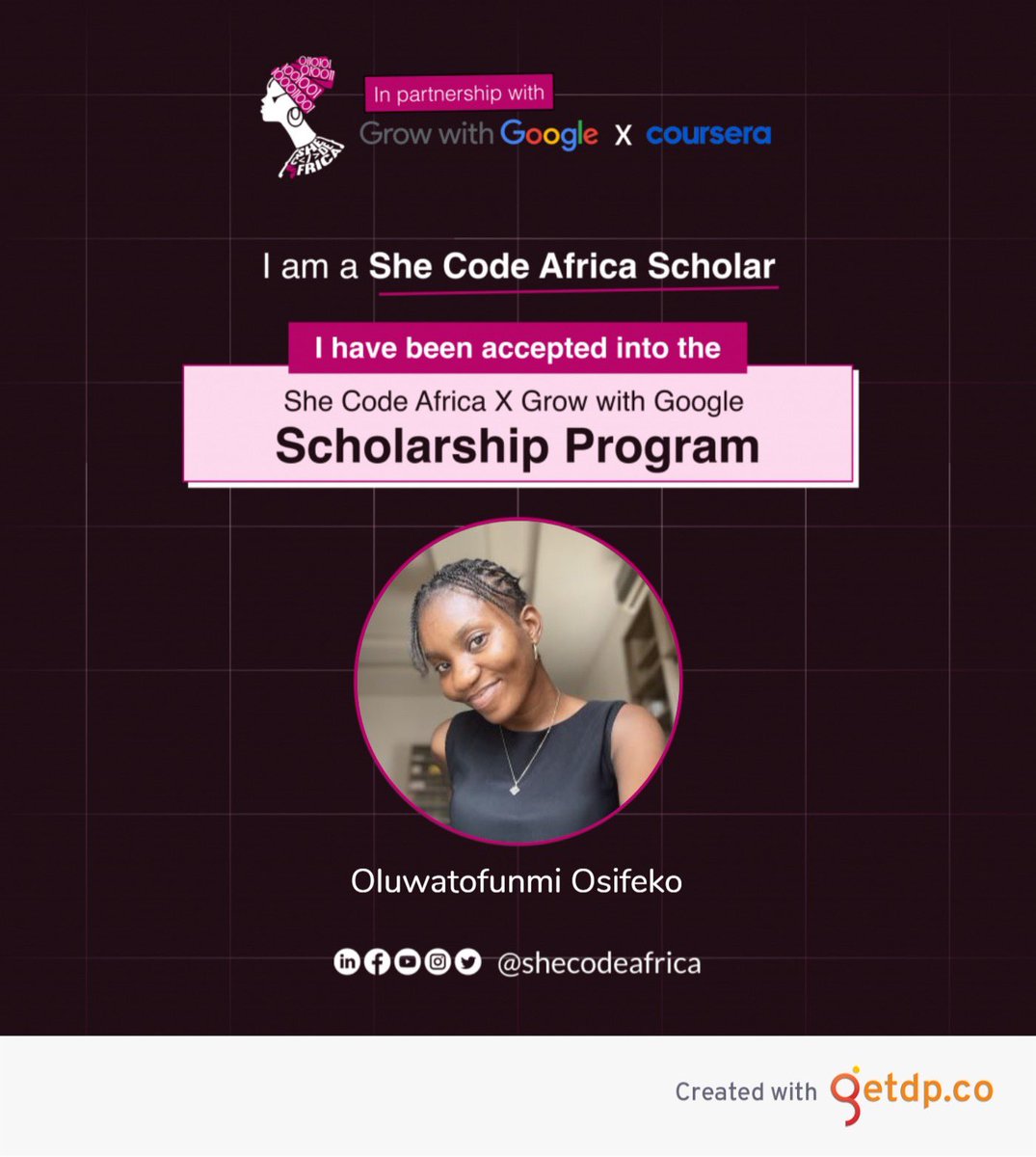 Momoreoluwa_'s tweet photo. I’m excited for the opportunity to start a career in project management through the #SCAXGWGScholarship 🎉🎉🎉
Thank you @SheCodeAfrica for the amazing opportunity
#SCAScholar https://t.co/ZBikJf3pmX