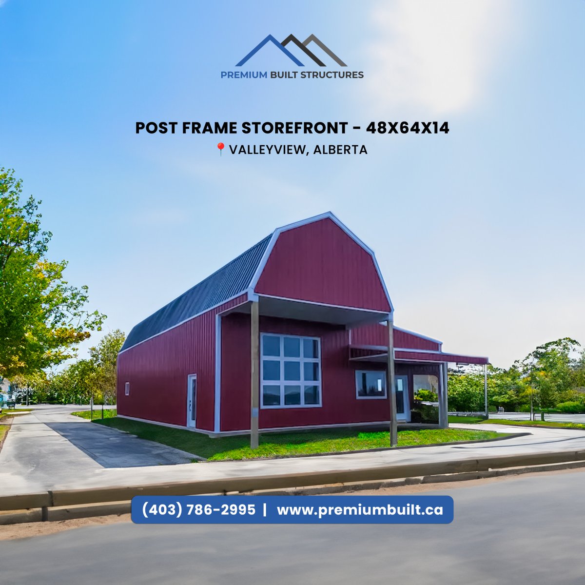 Introducing a striking red storefront in Valleyview, Alberta!  With a generous 48x64 layout and 14' ceilings, this post-frame building offers ample space for any business venture.

#Albertabuilders #PremiumBuiltStrutures #alberta #ruralalberta #PremiumBuilt