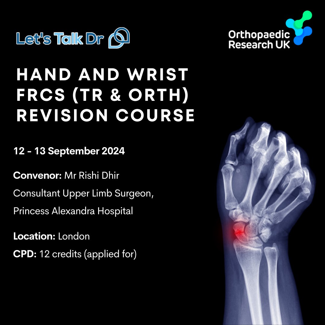 You can now sign up for our Hand and Wrist FRCS (Tr & Orth) Revision Course with @talk_dr! Click the link below to register: tinyurl.com/bdm692nw Experience informative morning lectures followed by afternoon mock viva stations, including patient interactions. Don't miss out!