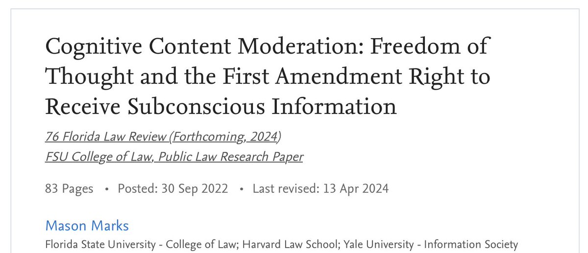 Just posted a new draft of 'Cognitive Content Moderation.' Coming soon to @FloridaLawRev. I look forward to discussing other First Amendment scholarship at the Freedom of Expression Scholars Conference @yaleisp later this month. law.yale.edu/isp/initiative… papers.ssrn.com/sol3/papers.cf…