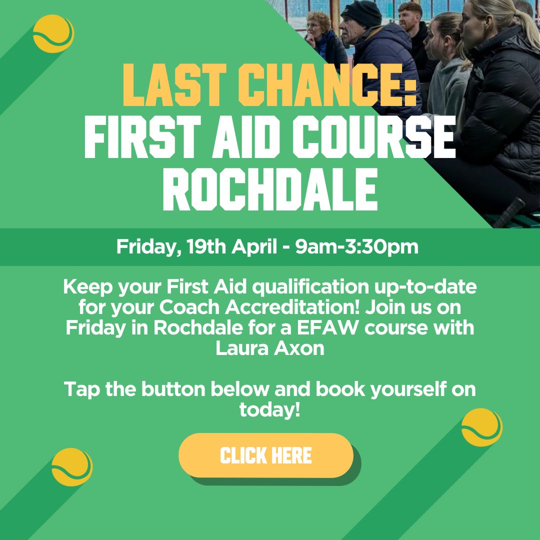 Is your first aid up to date? 👀⛑️ Join us in Rochdale on Friday and keep your Accreditation in check ✅ 🌐 BOOK HERE wdt.corsizio.com/event/65982aab… @TennisLancs @MCRActive @MilnrowCC