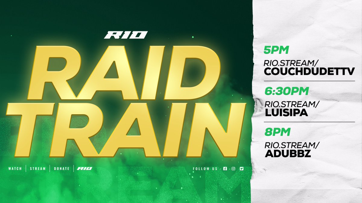 JaxWondersx's tweet photo. Tonight is our very FIRST Rio Raid Train!! 🚂

Featuring:

🎮 @Couchdudettv leading off at 5pm EST
🎮@LuisIpa07 at 6:30pm EST
🎮@Adubbzgaming ending the night strong at 8pm EST

Check our Discord link in our bio to get live updates, and see you all in chats! 🔥💚 https://t.co/EgGcmLQiqW