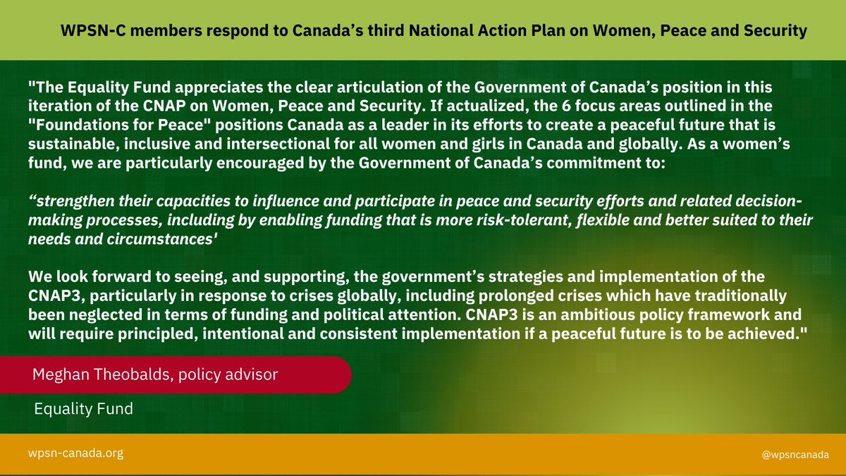 .@WPSNCanada members respond to the release of #FoundationsforPeace the third Action Plan on #WomenPeaceSecurity @WomenPeaceSec now available at canada.ca/en/global-affa… @equality_fund
